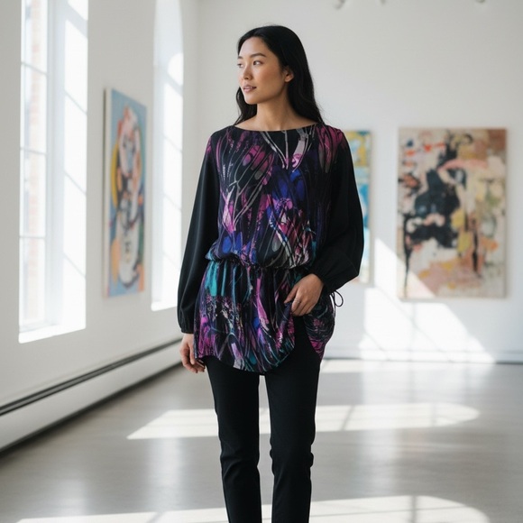 Bisou Bisou Tops - Bisou Bisou Abstract Print Tunic Blouse Sheer Sleeves Size S